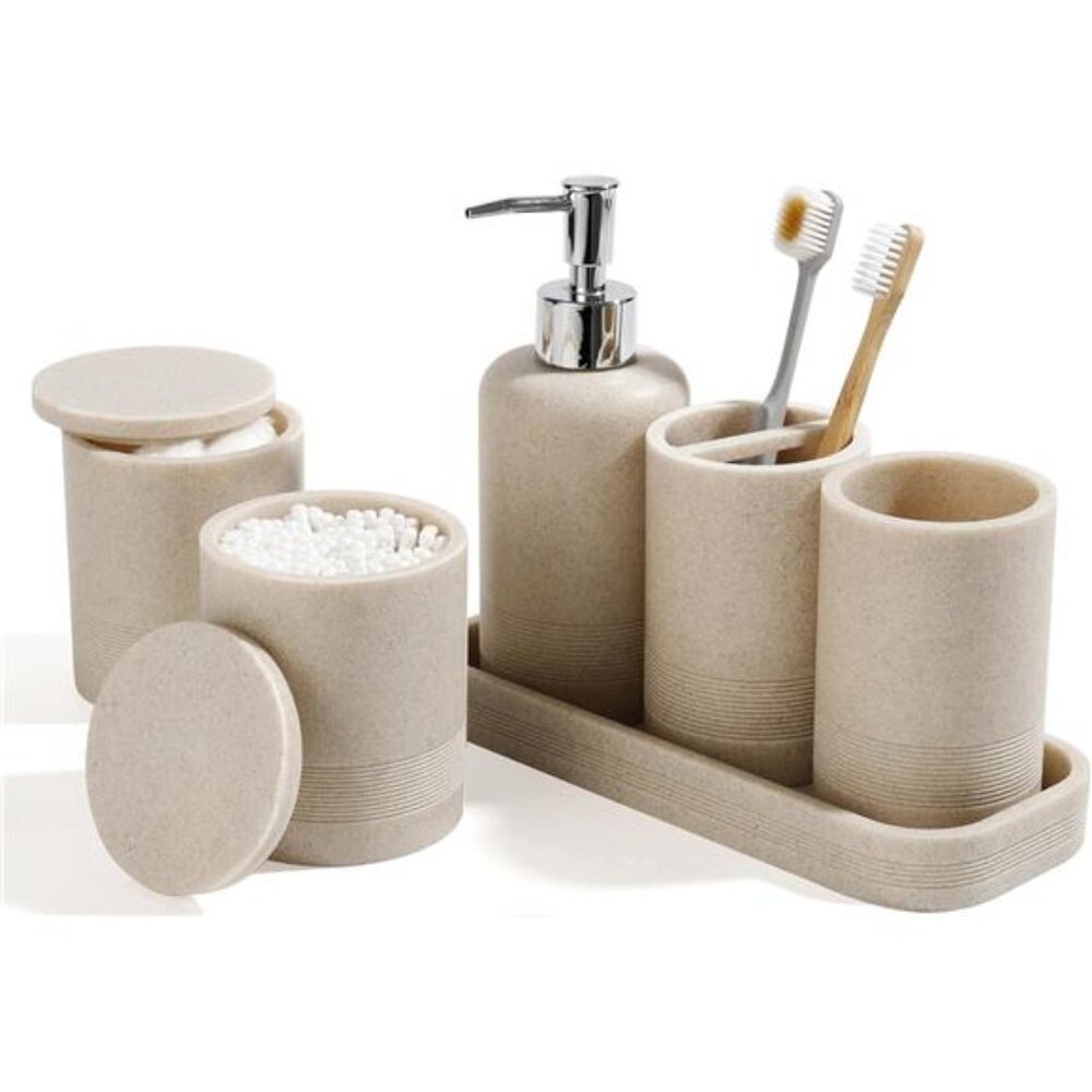 6 piece bathroom accessories set beige soap dispenser toothbrush holder vanity t